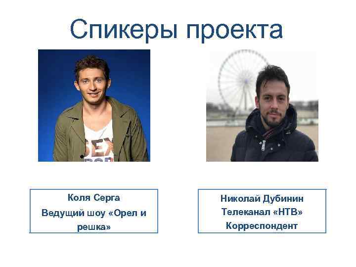 Спикеры проекта Коля Серга Ведущий шоу «Орел и решка» Николай Дубинин Телеканал «НТВ» Корреспондент