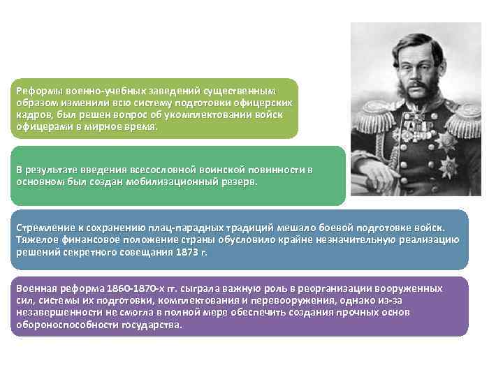 Одним из направлений военной реформы является. Военная реформа д а Милютина. Реформы Милютина 1860-1870.
