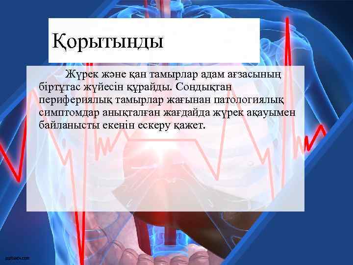 Қорытынды Жүрек және қан тамырлар адам ағзасының біртұтас жүйесін құрайды. Сондықтан перифериялық тамырлар жағынан