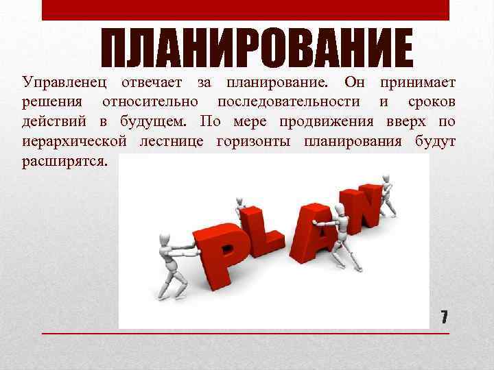ПЛАНИРОВАНИЕ Управленец отвечает за планирование. Он принимает решения относительно последовательности и сроков действий в