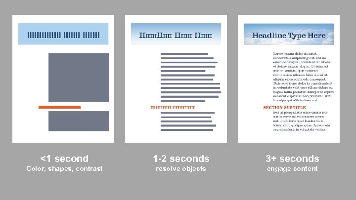 <1 second 1 -2 seconds 3+ seconds Color, shapes, contrast resolve objects engage content