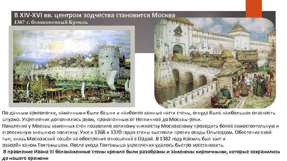 В XIV-XVI вв. центром зодчества становится Москва 1367 г. белокаменный Кремль По данным археологии,