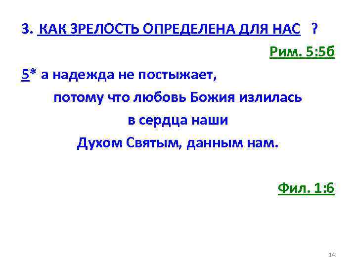 3. КАК ЗРЕЛОСТЬ ОПРЕДЕЛЕНА ДЛЯ НАС ? Рим. 5: 5 б 5* а надежда