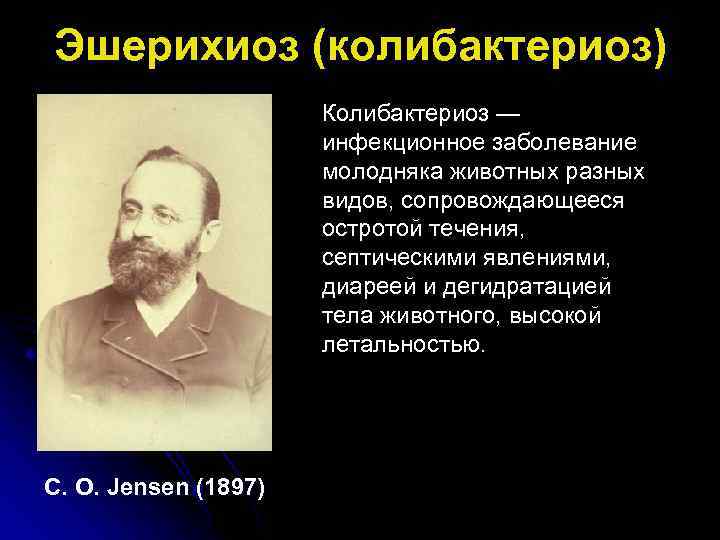 Эшерихиоз (колибактериоз) Колибактериоз — инфекционное заболевание молодняка животных разных видов, сопровождающееся остротой течения, септическими