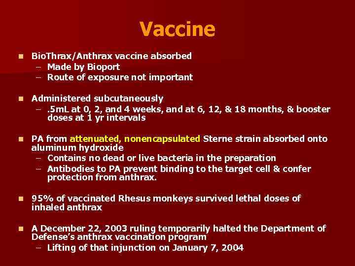 Vaccine n Bio. Thrax/Anthrax vaccine absorbed – Made by Bioport – Route of exposure