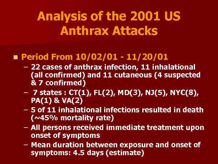 Analysis of the 2001 US Anthrax Attacks n Period From 10/02/01 - 11/20/01 –