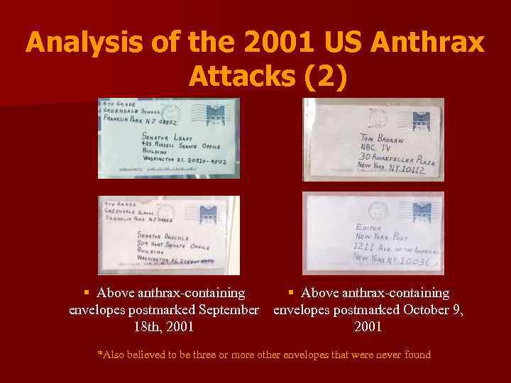 Analysis of the 2001 US Anthrax Attacks (2) § Above anthrax-containing envelopes postmarked September