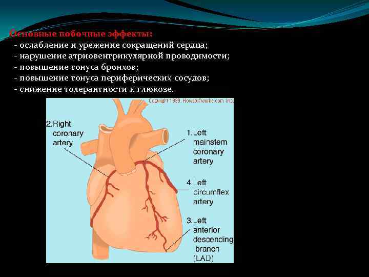 Основные побочные эффекты: - ослабление и урежение сокращений сердца; - нарушение атриовентрикулярной проводимости; -