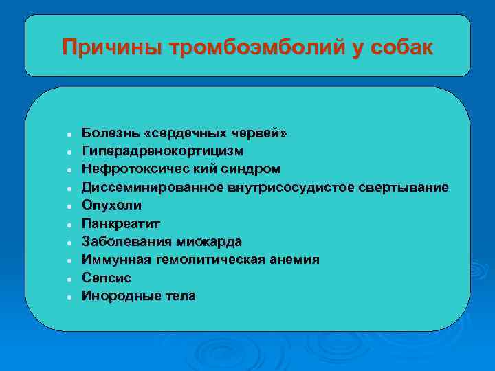 Причины тромбоэмболий у собак l l l l l Болезнь «сердечных червей» Гиперадренокортицизм Нефротоксичес