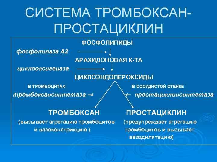 СИСТЕМА ТРОМБОКСАНПРОСТАЦИКЛИН ФОСФОЛИПИДЫ фосфолипаза А 2 АРАХИДОНОВАЯ К-ТА циклооксигеназа ЦИКЛОЭНДОПЕРОКСИДЫ В ТРОМБОЦИТАХ тромбоксансинтетаза ТРОМБОКСАН