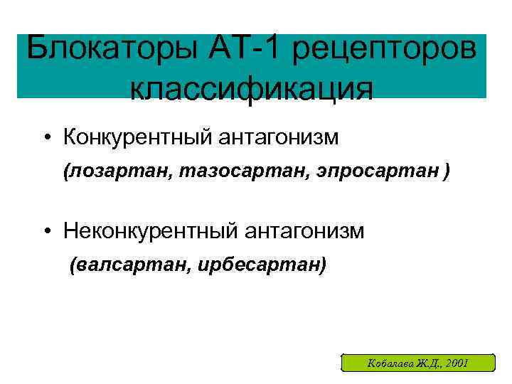 Блокаторы АТ-1 рецепторов классификация • Конкурентный антагонизм (лозартан, тазосартан, эпросартан ) • Неконкурентный антагонизм