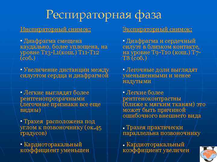Респираторная фаза Инспираторный снимок: Экспираторный снимок: • Диафрагма смещена каудально, более уплощена, на уровне
