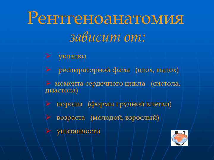 Рентгеноанатомия зависит от: укладки респираторной фазы (вдох, выдох) момента сердечного цикла (систола, диастола) породы