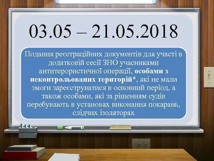 03. 05 – 21. 05. 2018 Подання реєстраційних документів для участі в додатковій сесії