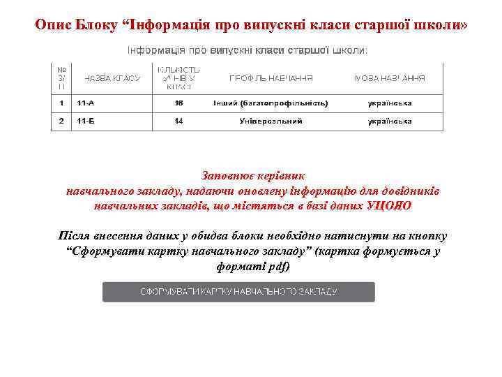 Опис Блоку “Інформація про випускні класи старшої школи» Заповнює керівник навчального закладу, надаючи оновлену