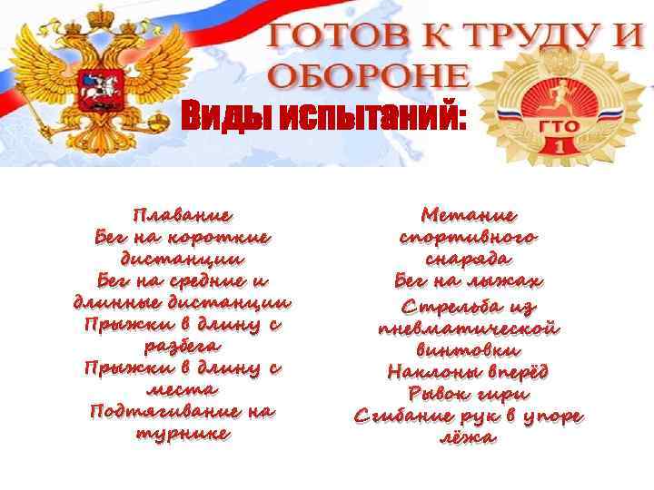 Виды испытаний: Плавание Бег на короткие дистанции Бег на средние и длинные дистанции Прыжки