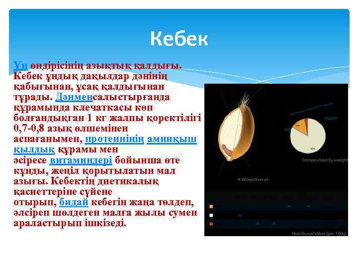Кебек Ұн өндірісінің азықтық қалдығы. Кебек ұндық дақылдар дәнінің қабығынан, ұсақ қалдығынан тұрады. Дәнменсалыстырғанда