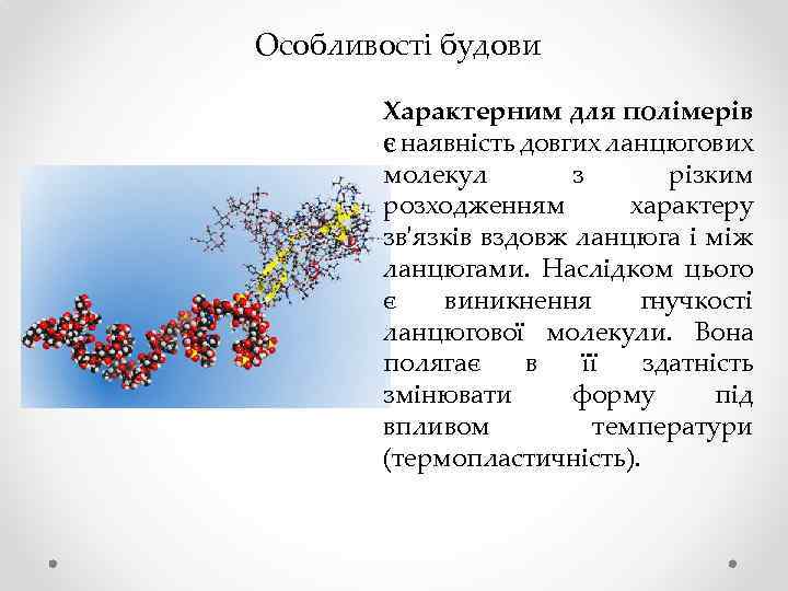 Особливості будови Характерним для полімерів є наявність довгих ланцюгових молекул з різким розходженням характеру