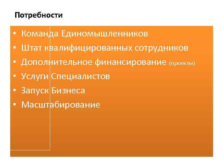 Потребности • • • Команда Единомышленников Штат квалифицированных сотрудников Дополнительное финансирование (проекты) Услуги Специалистов