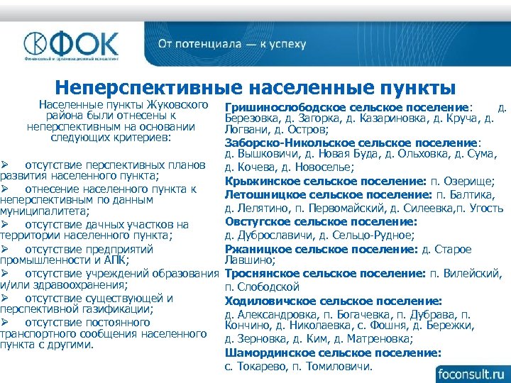Неперспективные населенные пункты Населенные пункты Жуковского района были отнесены к неперспективным на основании следующих