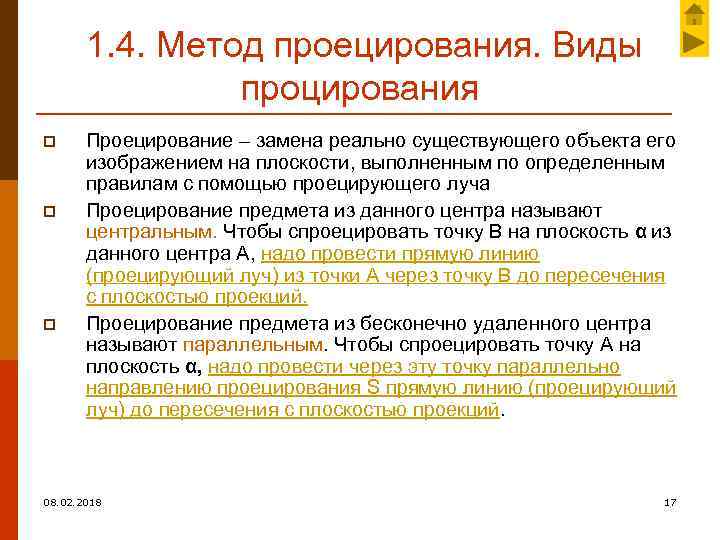 1. 4. Метод проецирования. Виды процирования p p p Проецирование – замена реально существующего