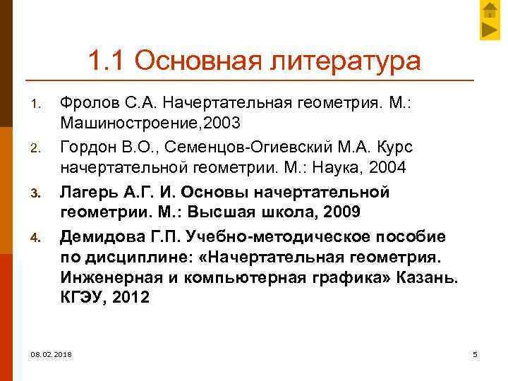 1. 1 Основная литература 1. 2. 3. 4. Фролов С. А. Начертательная геометрия. М.
