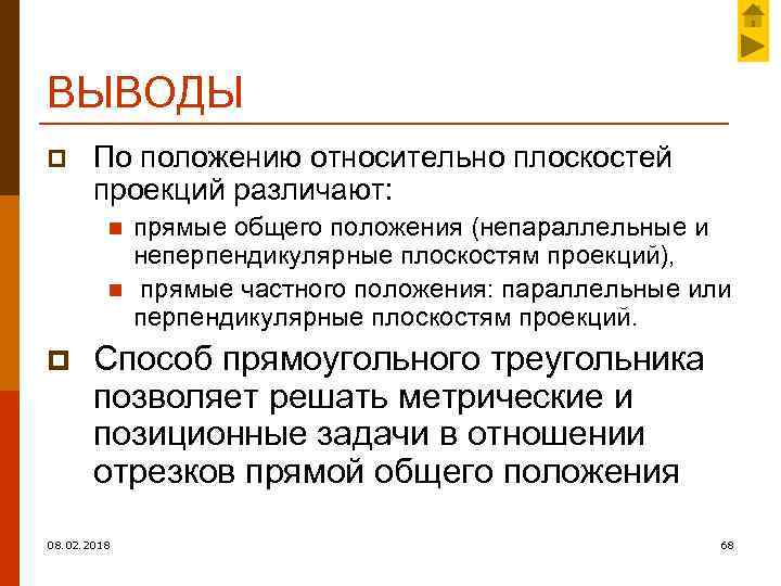 ВЫВОДЫ p По положению относительно плоскостей проекций различают: n n p прямые общего положения
