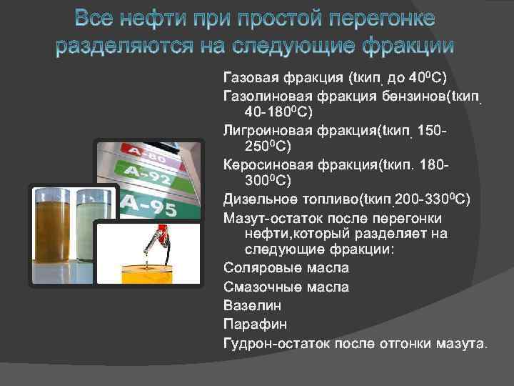 Газовая фракция (tкип. до 400 С) Газолиновая фракция бензинов(tкип. 40 -1800 C) Лигроиновая фракция(tкип.