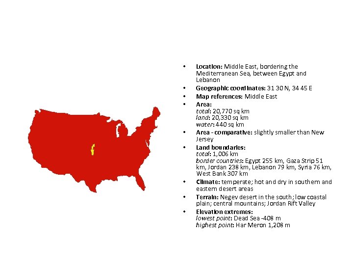  • • • Location: Middle East, bordering the Mediterranean Sea, between Egypt and