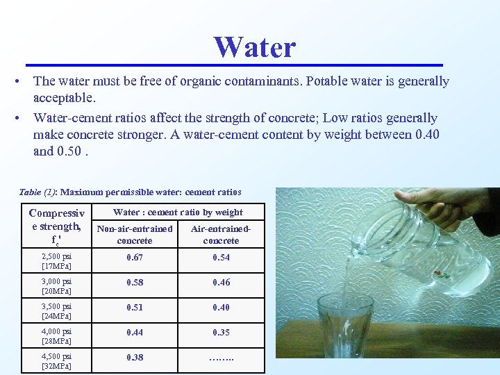 Water • The water must be free of organic contaminants. Potable water is generally