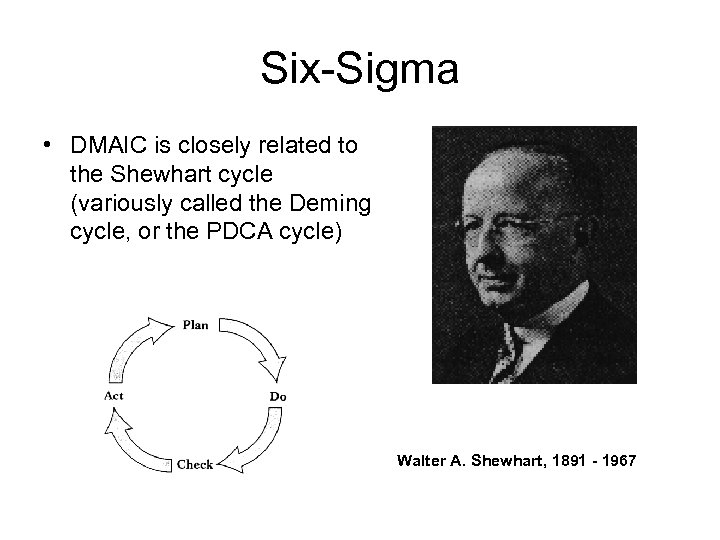 Six-Sigma • DMAIC is closely related to the Shewhart cycle (variously called the Deming