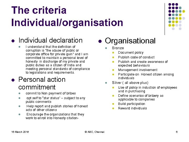 The criteria Individual/organisation l Individual declaration l l l I understand that the definition
