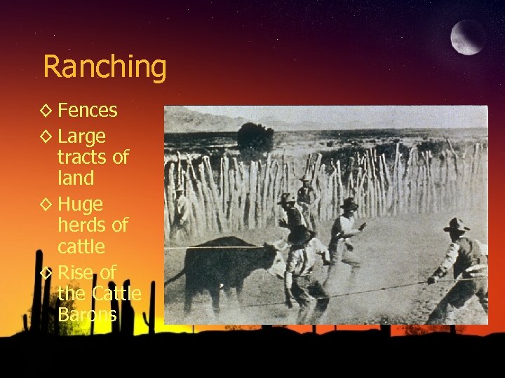 Ranching ◊ Fences ◊ Large tracts of land ◊ Huge herds of cattle ◊