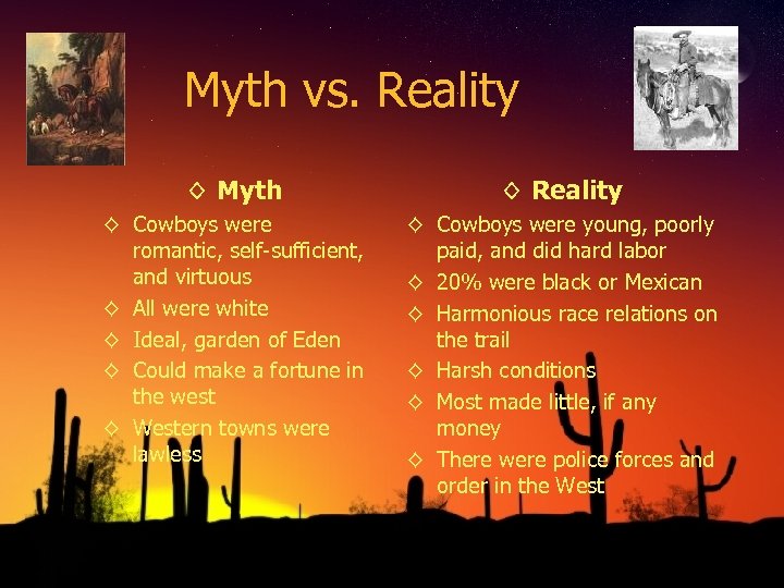 Myth vs. Reality ◊ Myth ◊ Reality ◊ Cowboys were romantic, self-sufficient, and virtuous