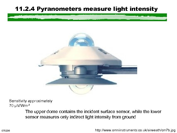 11. 2. 4 Pyranometers measure light intensity Sensitivity approximately 70 µV/Wm-² The upper dome
