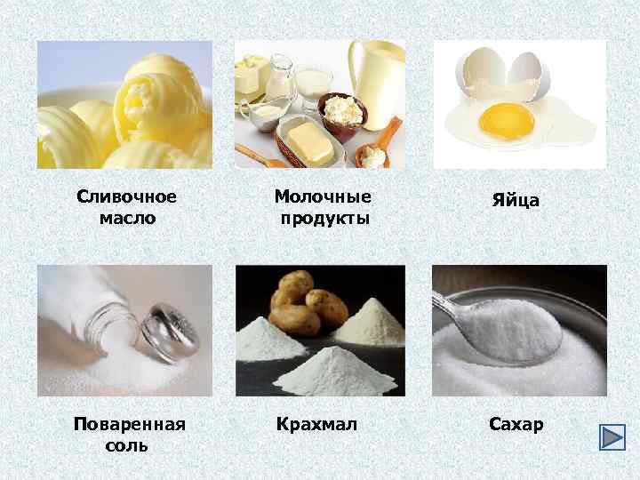 Сливочное масло Молочные продукты Яйца Поваренная соль Крахмал Сахар 