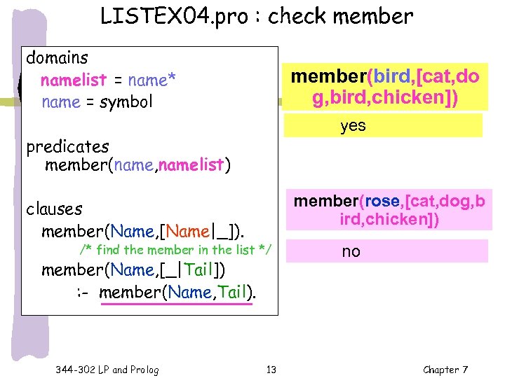 LISTEX 04. pro : check member domains namelist = name* name = symbol member(bird,