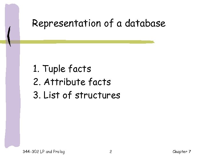 Representation of a database 1. Tuple facts 2. Attribute facts 3. List of structures