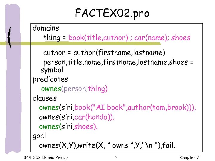 FACTEX 02. pro domains thing = book(title, author) ; car(name); shoes author = author(firstname,