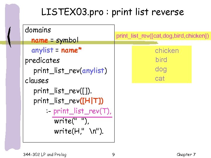 LISTEX 03. pro : print list reverse domains print_list_rev([cat, dog, bird, chicken]) name =