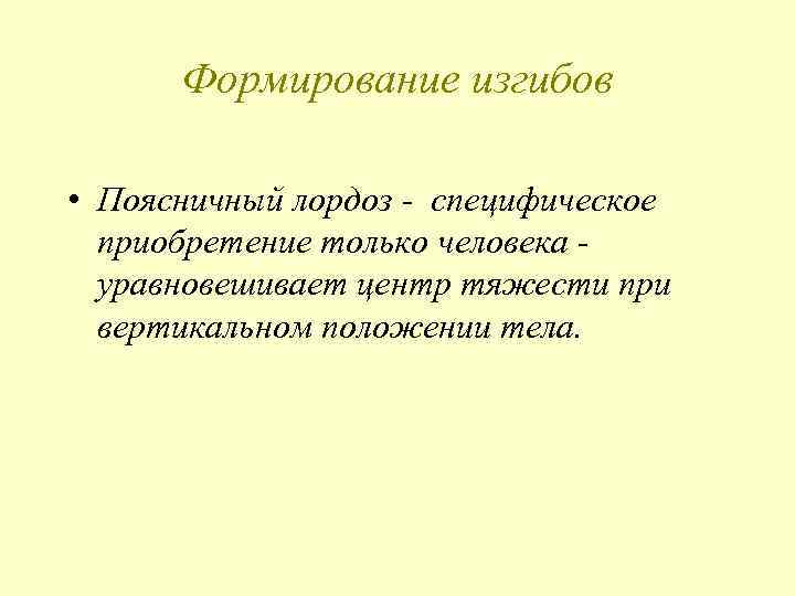 Формирование изгибов • Поясничный лордоз - специфическое приобретение только человека уравновешивает центр тяжести при