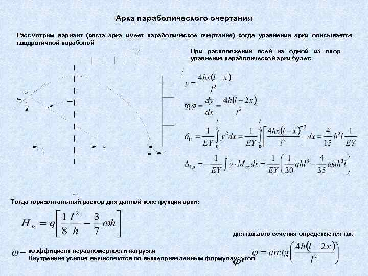 Арка параболического очертания Рассмотрим вариант (когда арка имеет параболическое очертание) когда уравнении арки описывается