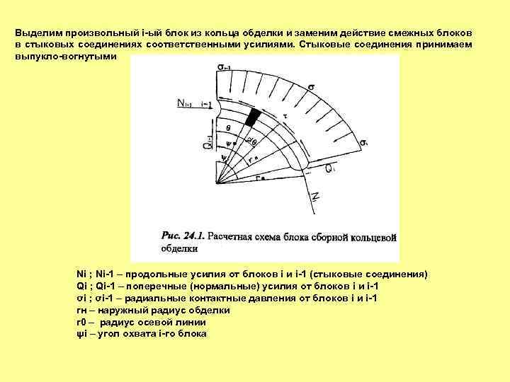 Выделим произвольный i-ый блок из кольца обделки и заменим действие смежных блоков в стыковых