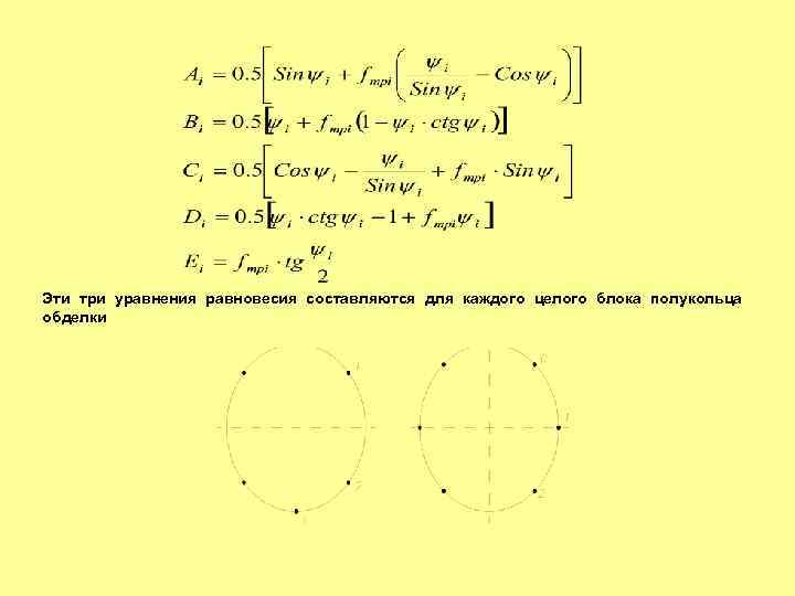 Эти три уравнения равновесия составляются для каждого целого блока полукольца обделки 