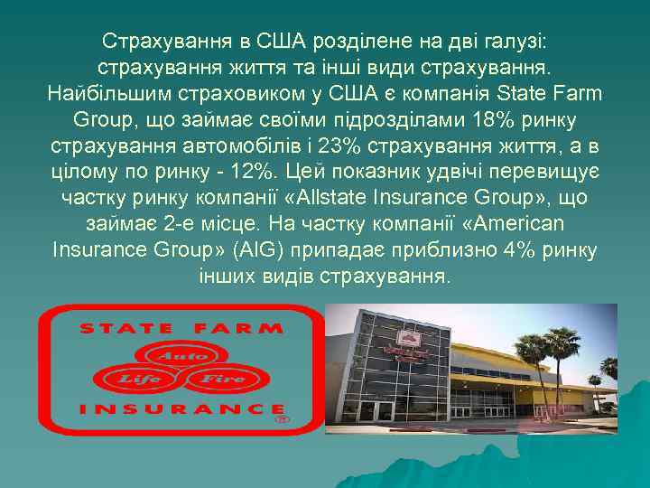 Страхування в США розділене на дві галузі: страхування життя та інші види страхування. Найбільшим