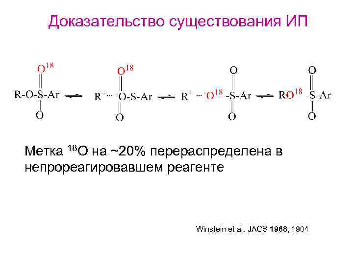 Доказательство существования ИП Meтка 18 О на ~20% перераспределена в непрореагировавшем реагенте Winstein et