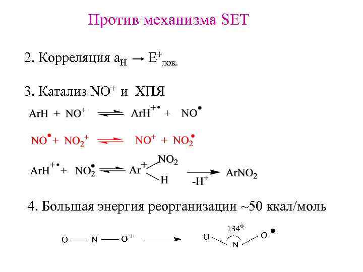 Против механизма SET 2. Корреляция a. H Е+лок. 3. Катализ NO+ и ХПЯ 4.