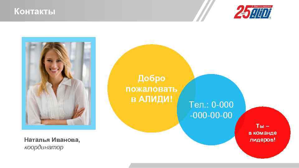 Контакты Добро пожаловать в АЛИДИ! Наталья Иванова, координатор Тел. : 0 -000 -00 -00