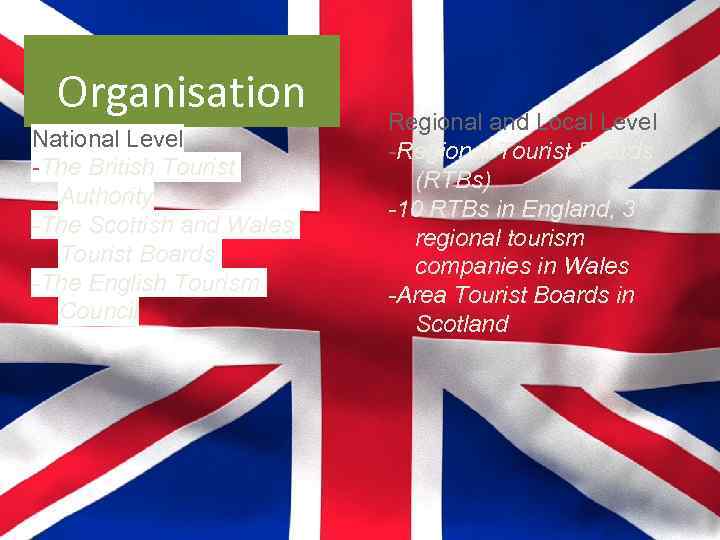 Organisation National Level -The British Tourist Authority -The Scottish and Wales Tourist Boards -The
