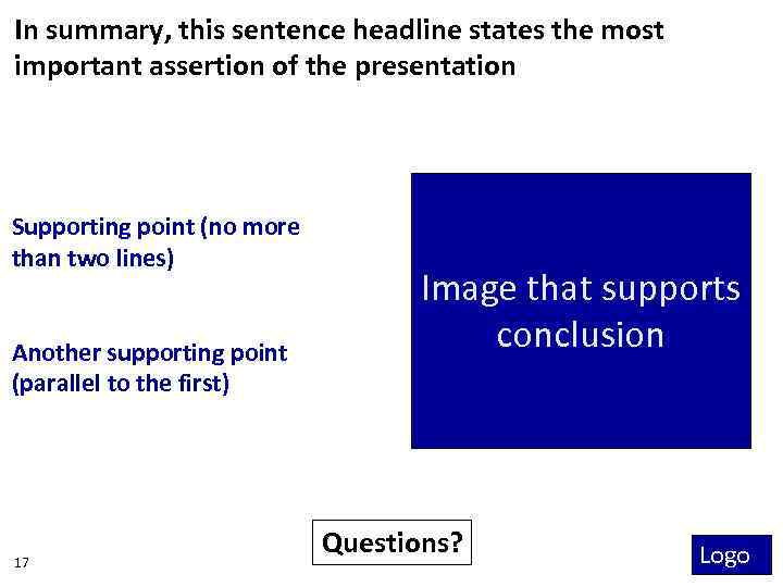 In summary, this sentence headline states the most important assertion of the presentation Supporting